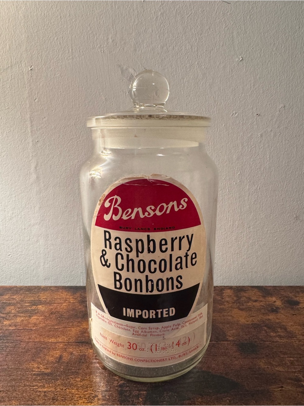 Vintage Bensons Raspberry & Chocolate Bonbons Heavy Glass Candy Jar